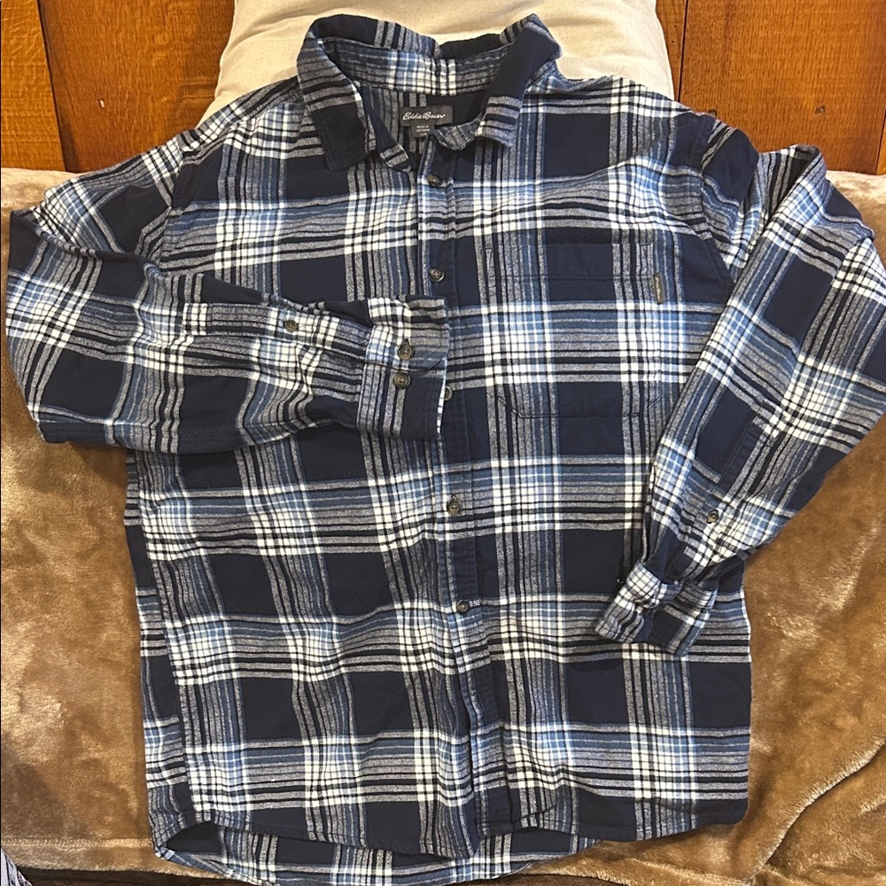 Eddie Bauer Blue and White Plaid Flannel Button-Up Shirt